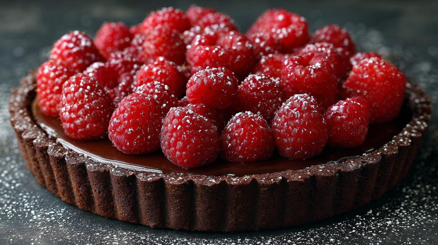 Čokoládový tart s malinami a malým trikem na krémovější náplň