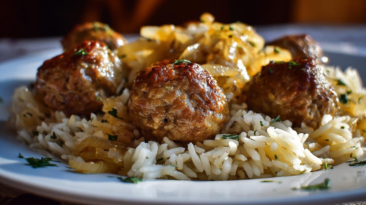 Hovězí kuličky s rýží a cibulí snadno připravené pro rodinu