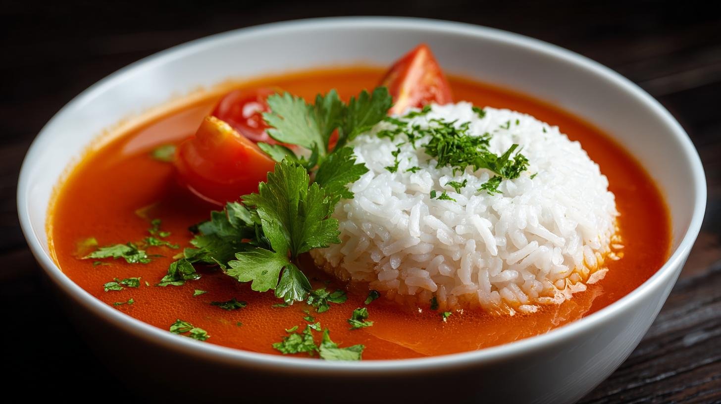 Domácí rajčatová polévka s rýží správným způsobem pro plnou chuť