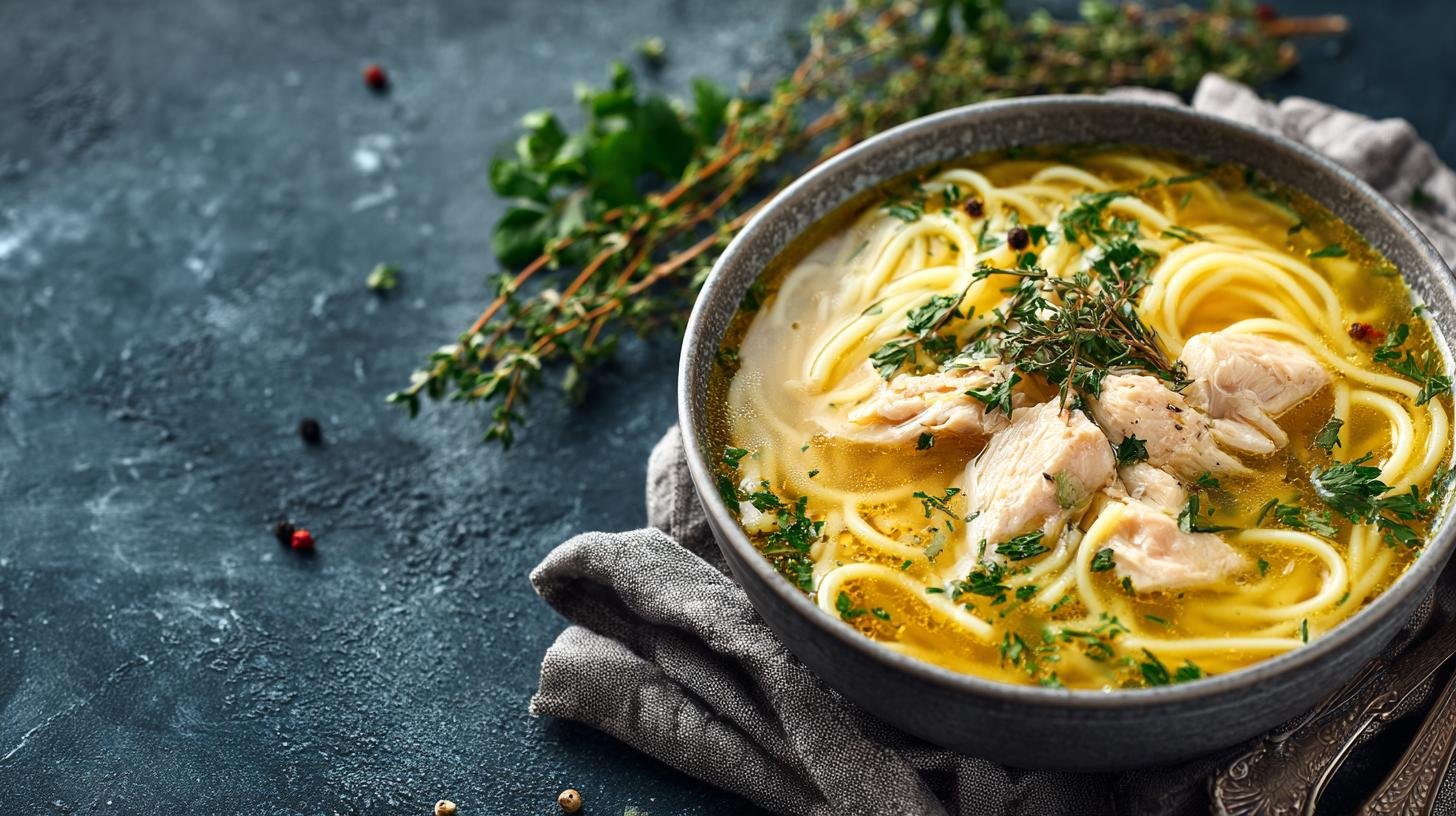 Kuřecí nudlová polévka s bylinkami, rychlé a syté jídlo. Rychlý recept krok za krokem