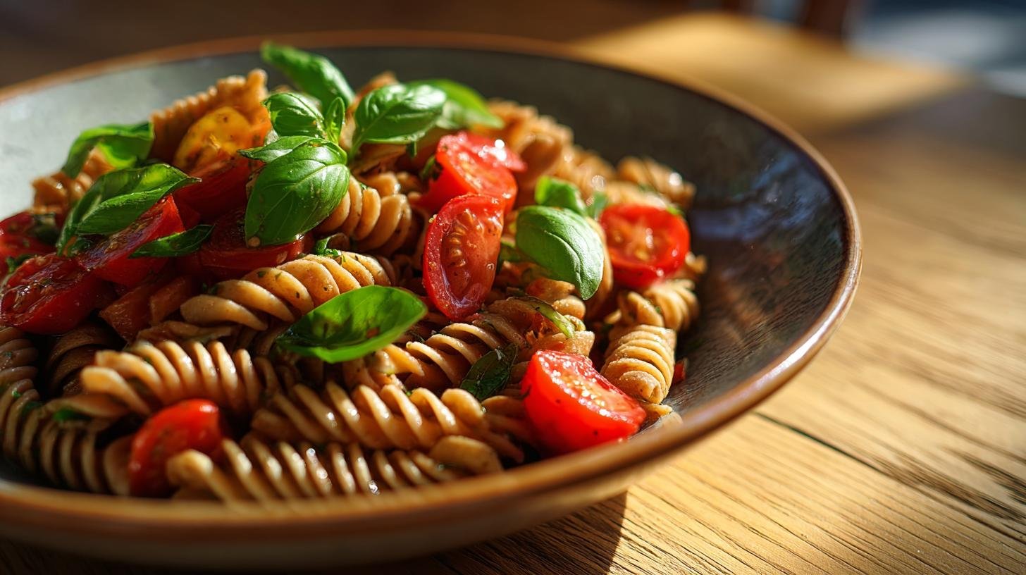 Těstoviny z celozrnné mouky s rajčaty a bazalkou, lehká a chutná večeře