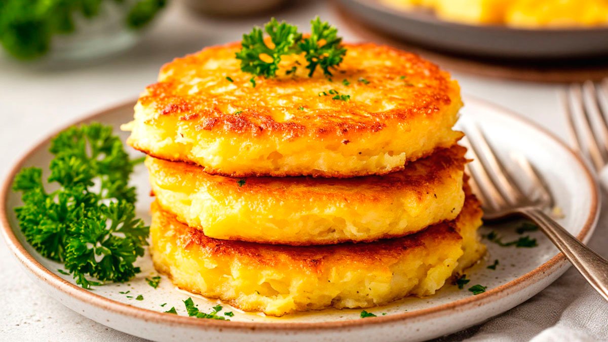 Jedná kostka tvarohu a dvě vejce. Místo tvarohových bochánků peču na pánvi jemné placičky – namáčím je do zakysané smetany, jsou k sežrání