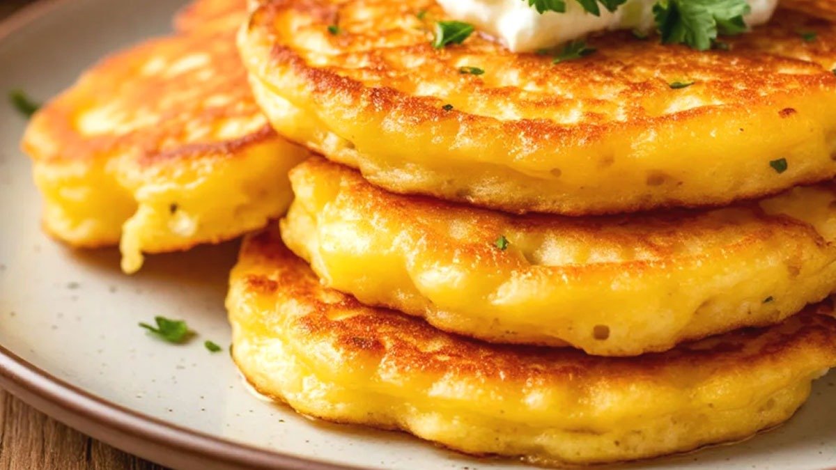 Jedná kostka tvarohu a dvě vejce. Místo tvarohových bochánků peču na pánvi jemné placičky – namáčím je do zakysané smetany, jsou k sežrání