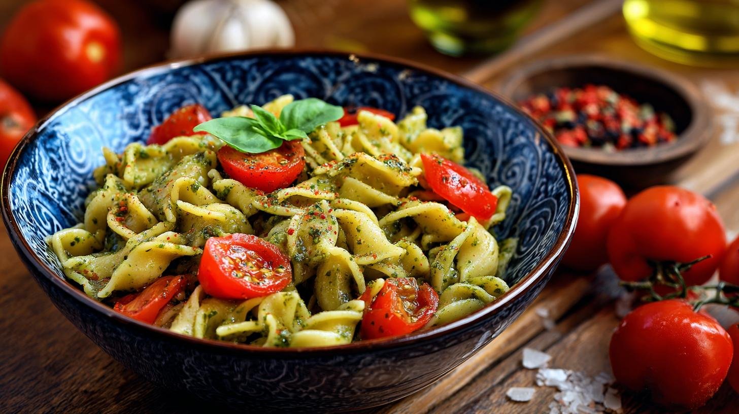 Těstoviny s pestem a rajčaty hotové za deset. Suroviny a čas