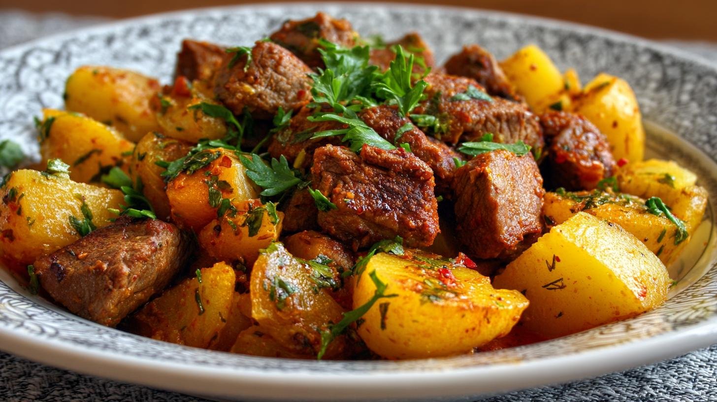 Snadný masový perkelt s bramborami pro voňavý oběd. Ingredience a čas