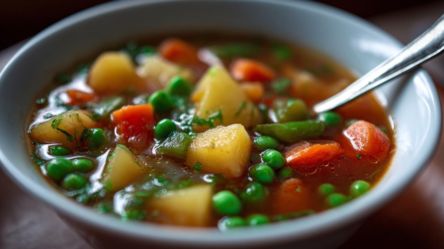 Zeleninová polévka s bramborami a hráškem, snadný domácí oběd