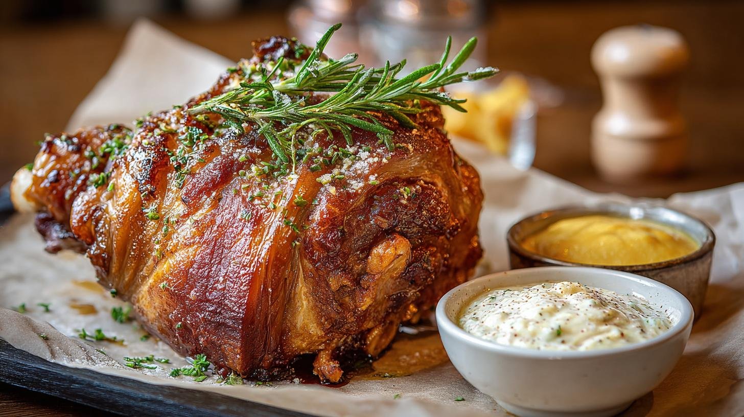 Pečené koleno s křenem a hořčicí, tradiční a chutné. Servírování, které utvoří zážitek Pečené koleno s křenem a hořčicí, tradiční a chutné. Servírování, které utvoří zážitek