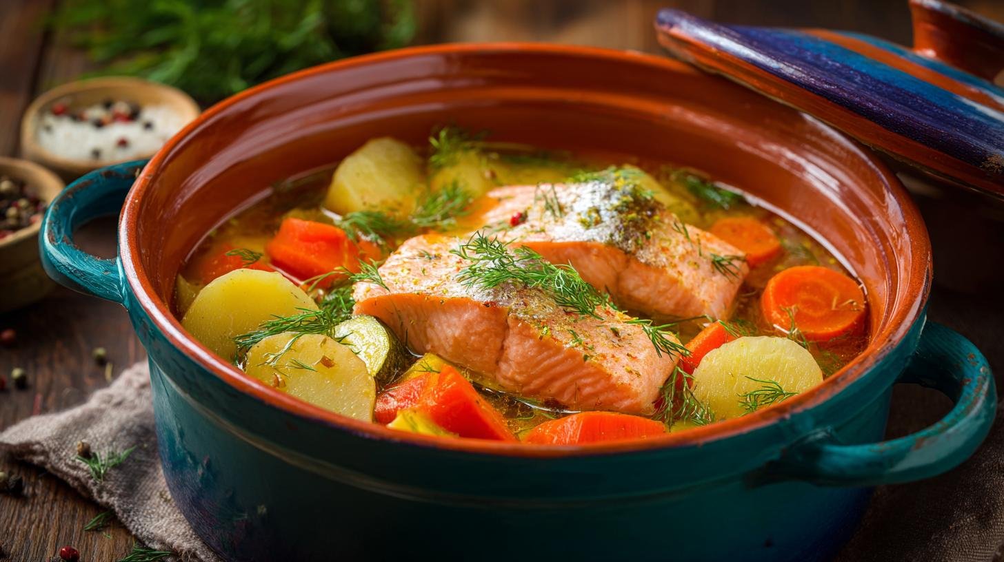 Rybí polévka s lososem a zeleninou, snadný recept. Uložení a úspora