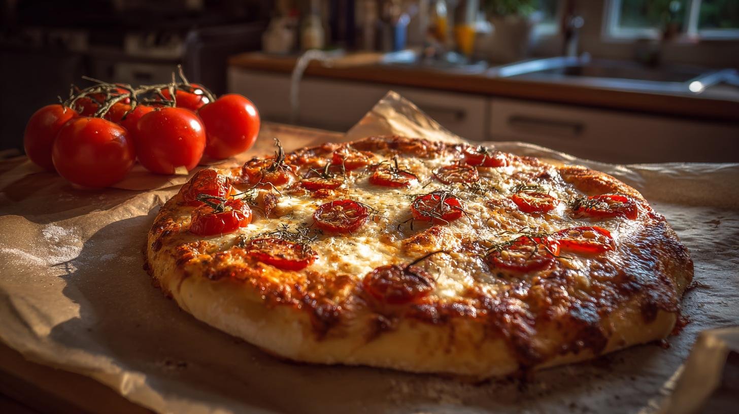 Domácí pizza z trouby s rajčaty a sýrem. Poslední tahy