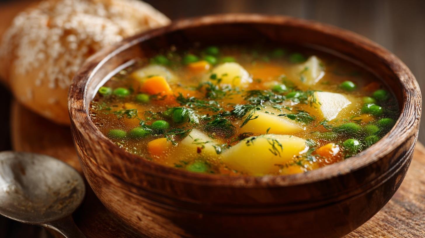 Zeleninová polévka s bramborami a hráškem, snadný domácí oběd. Tipy pro úsporu času a chuti Zeleninová polévka s bramborami a hráškem, snadný domácí oběd. Tipy pro úsporu času a chuti