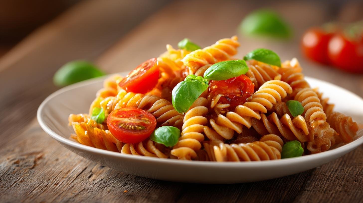 Těstoviny z celozrnné mouky s rajčaty a bazalkou, lehká a chutná večeře. Proč sáhnout po celozrnném základu