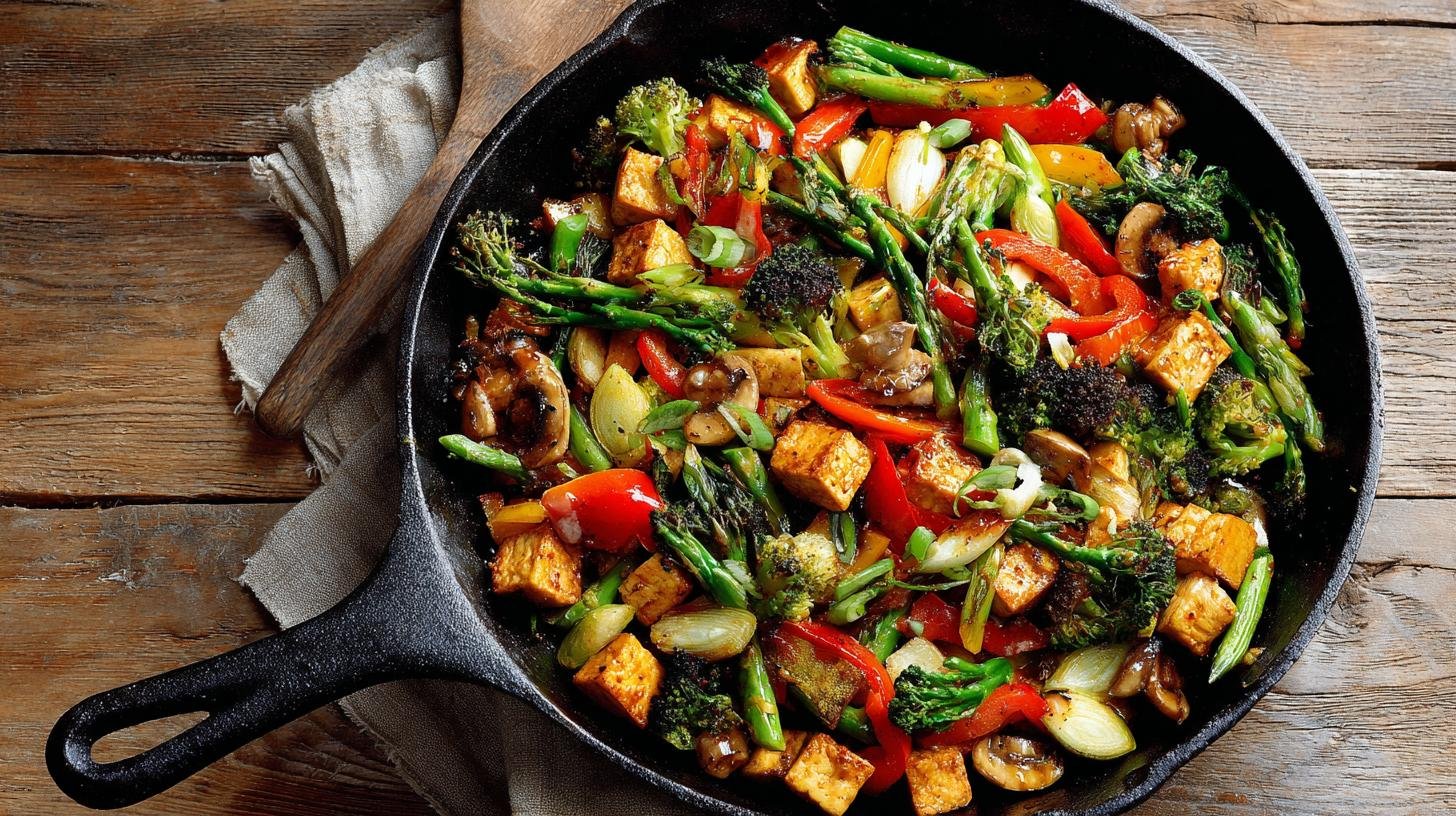 Zeleninová pánev s tofu a jistým způsobem bez připečení. Ingredience a rychlý seznam