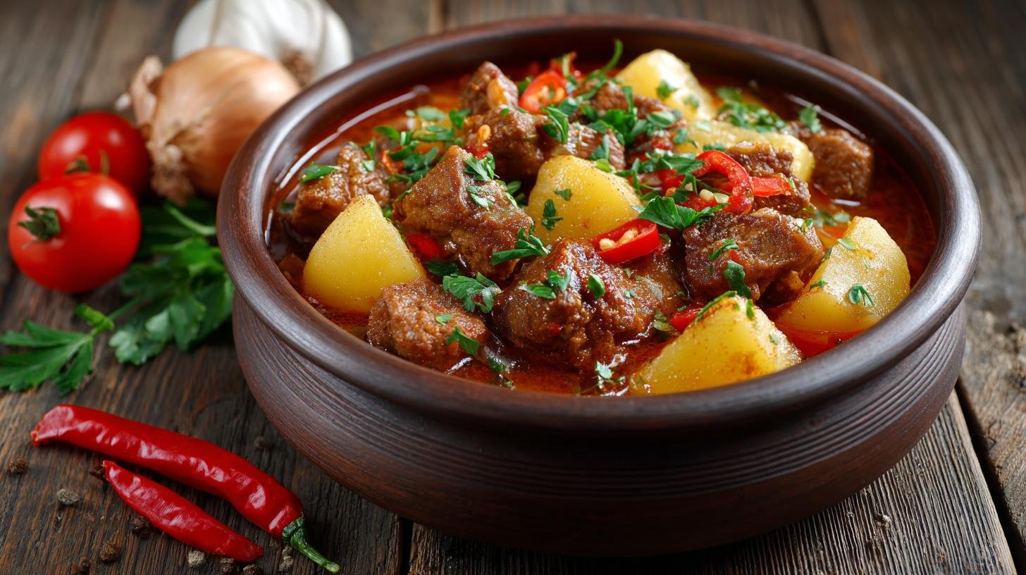 Snadný hovězí guláš s bramborami a cibulí pro jistý výsledek. Suroviny a pomůcky