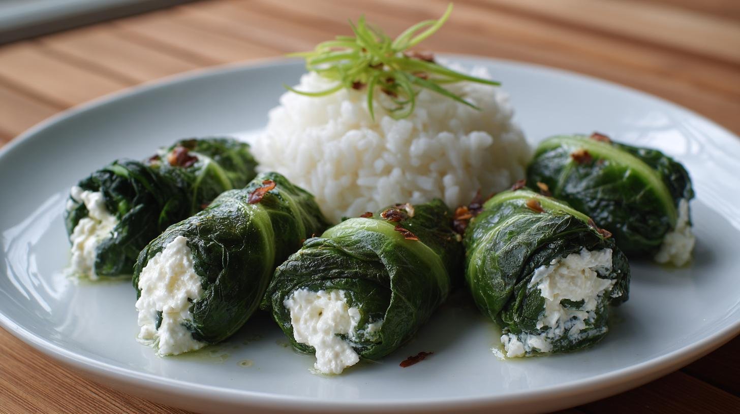 Špenátové rolky s tvarohem a rýží pro rychlé syté jídlo