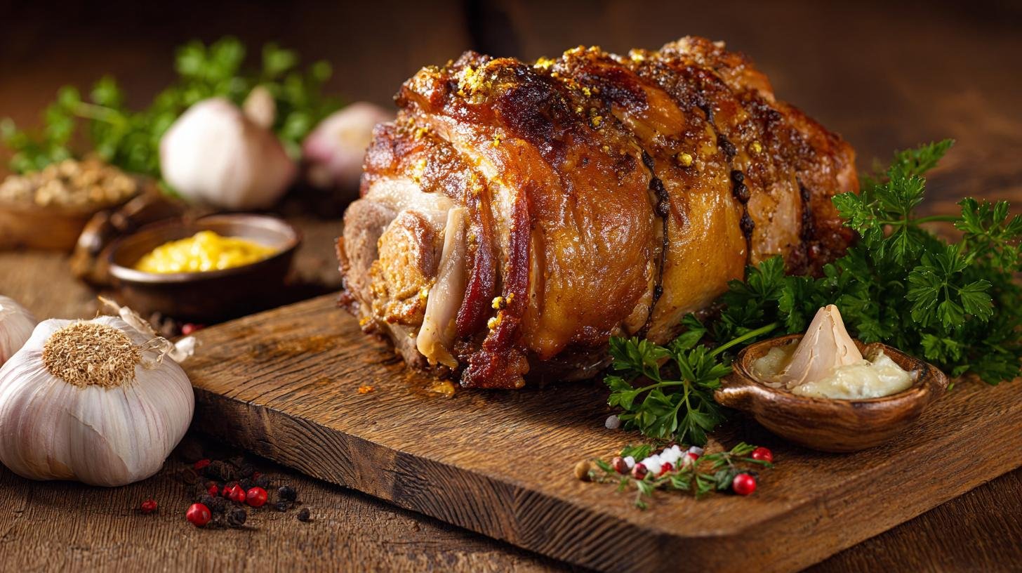 Pečené koleno s křenem a hořčicí, tradiční a chutné