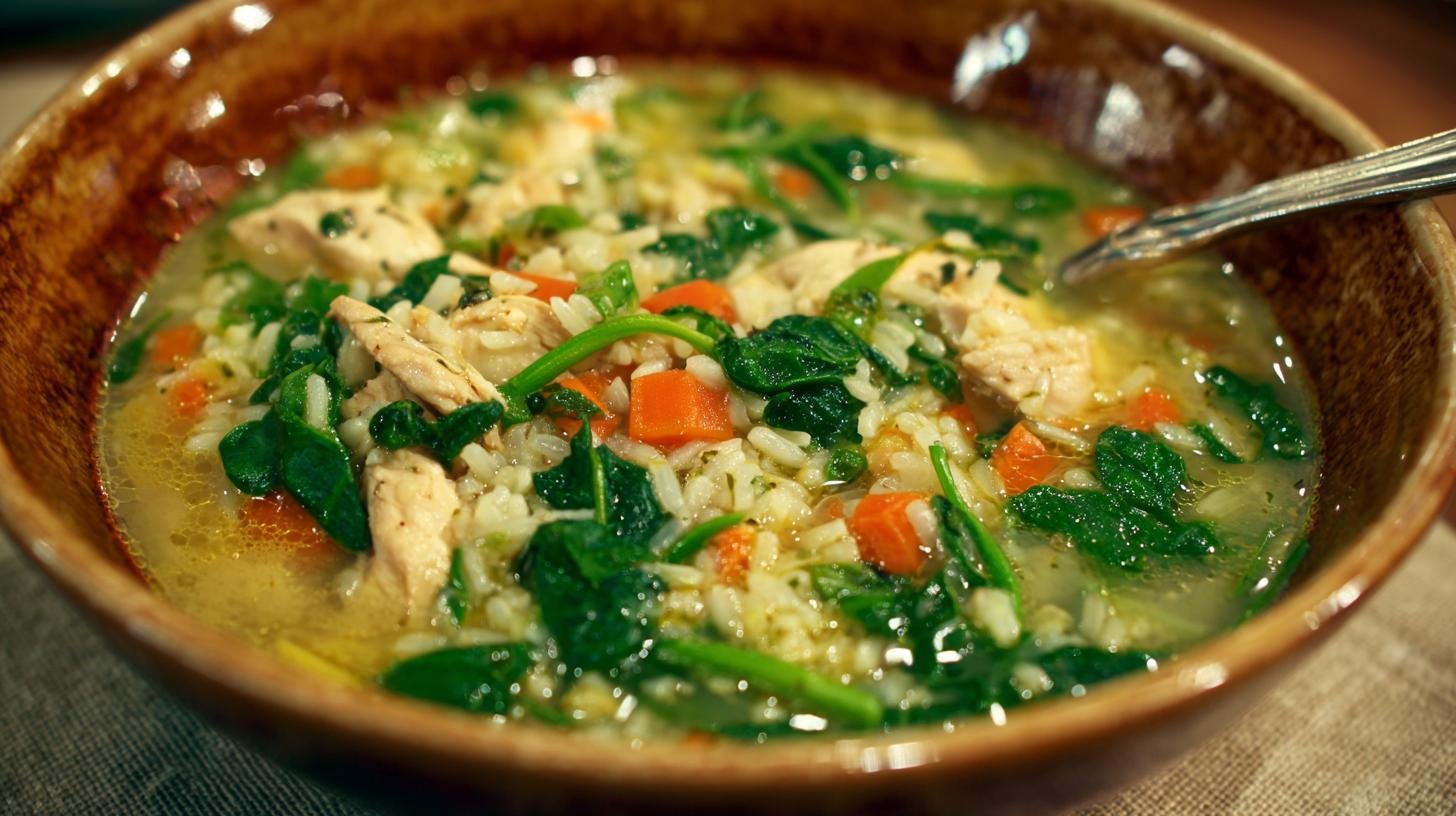 Kuřecí polévka s rýží a špenátem rychle hotová bez stresu