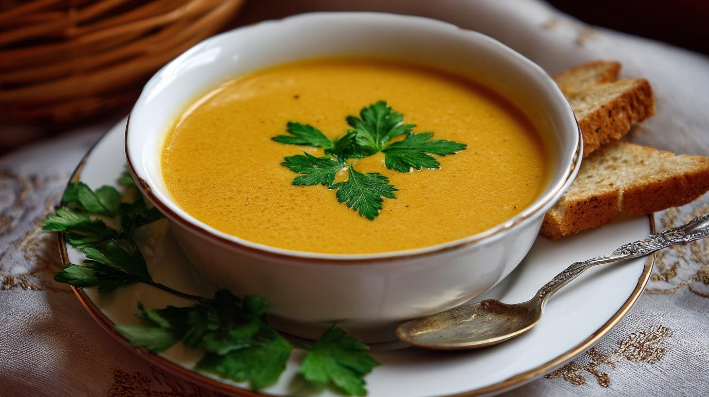 Hrášková polévka s mrkví a tipem pro sametový výsledek. Servírování a variace