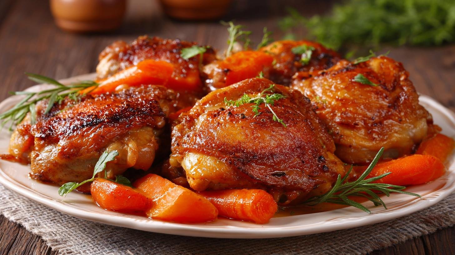 Kuřecí stehýnka s mrkví a máslem pro měkký výsledek. Servírování a varianty