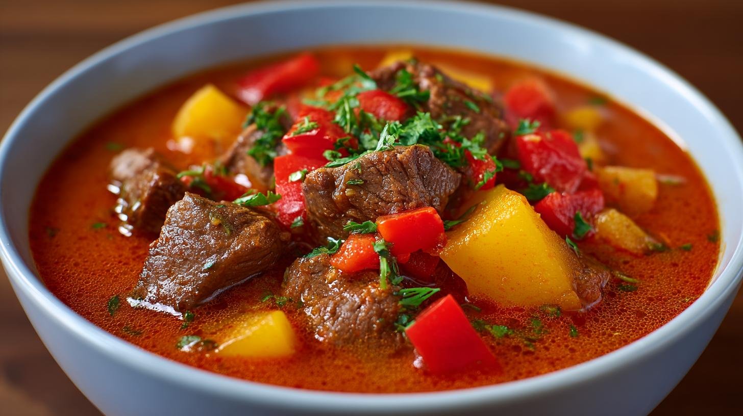 Gulášová polévka s hovězím a paprikou, rychlá a sytá. Rychlý postup krok za krokem