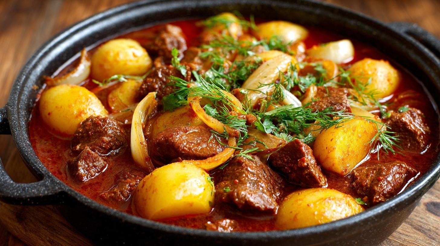 Snadný hovězí guláš s bramborami a cibulí pro jistý výsledek