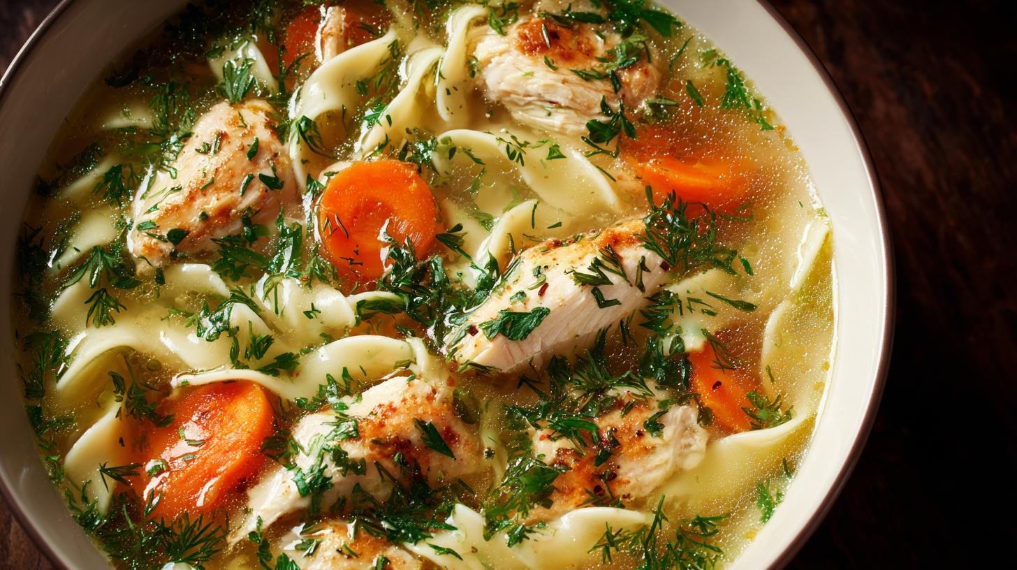 Kuřecí nudlová polévka s bylinkami, rychlé a syté jídlo. Proč tahle verze funguje