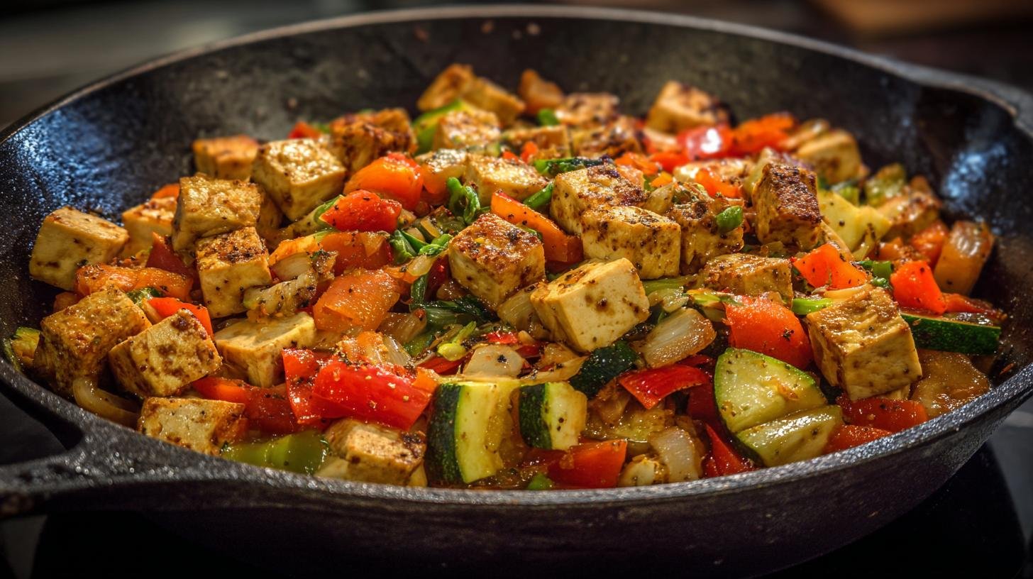 Zeleninová pánev s tofu a jistým způsobem bez připečení
