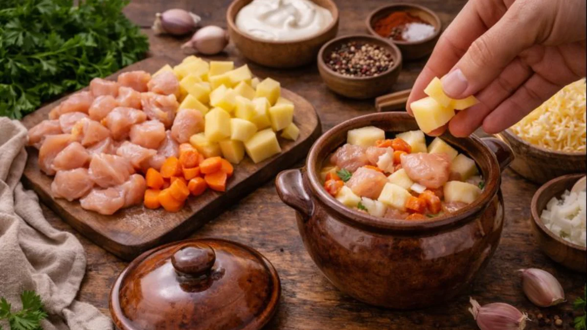 Smíchám kousky kuřete, plátky brambor a koření a upeču je v hrnečcích