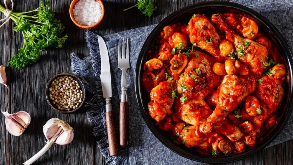 Kučecí stehýnka s houbami v rajčatové omáčce. Vyvážená kombinace jednoduchých surovin