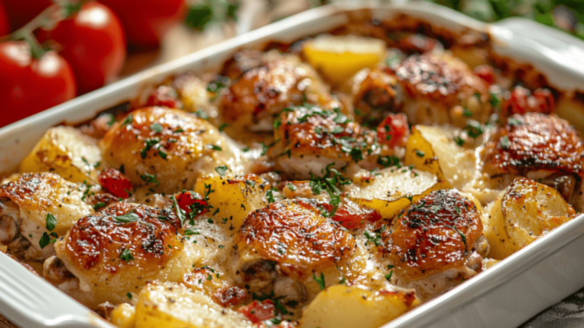 Kuřecí stehna po francouzsku recept na syté a voňavé kuře s bramborami k obědu nebo večeři