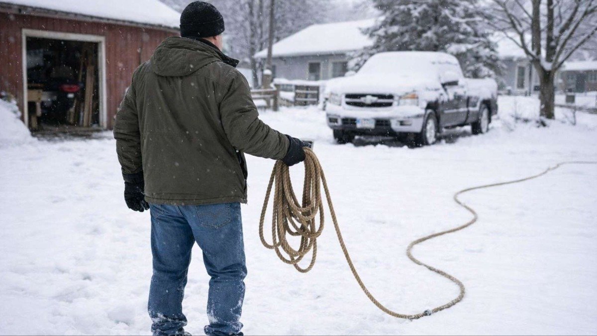 Zahradník vysvětluje, jak jednoduchý trik s lanem odklidí sníh během několika minut