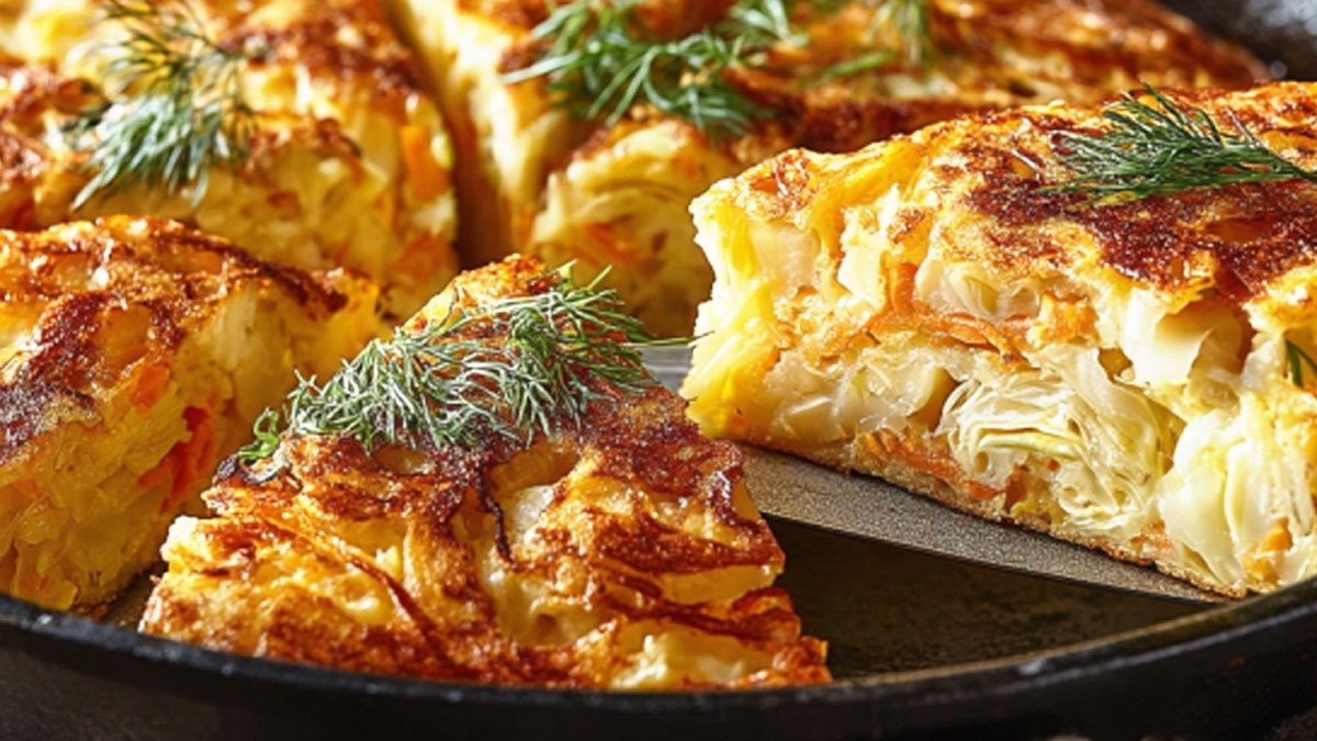 Koláč bez těsta: z bílého zelí a vajec na pánvi. Sytý, nízkokalorický a velmi jednoduchý