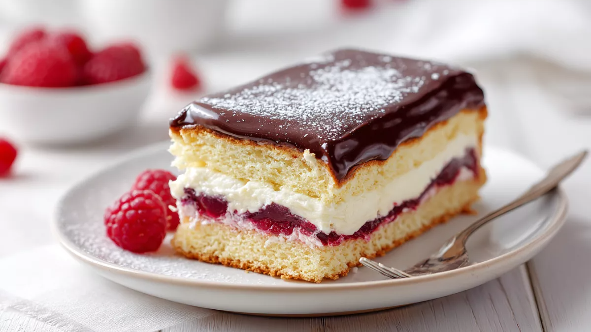 Pudinkový dort s malinami a čokoládovou polevou – jemný a šťavnatý